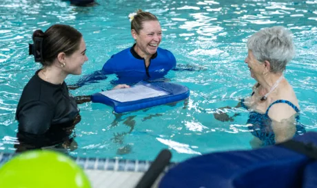 Lori Sherlock posing for headshots while instructing class in the Aquatic Center of the WVU Student Recreation Center, on Monday, September 28, 2026. (WVU Photo/Jalyn Lamp)